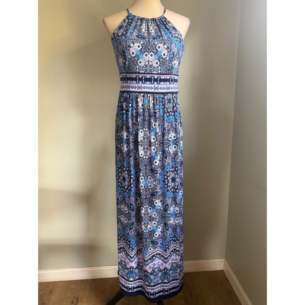 New Blue Purple Paisley Halter Maxi Dress Petite 8 NWT boho colorful resort flor